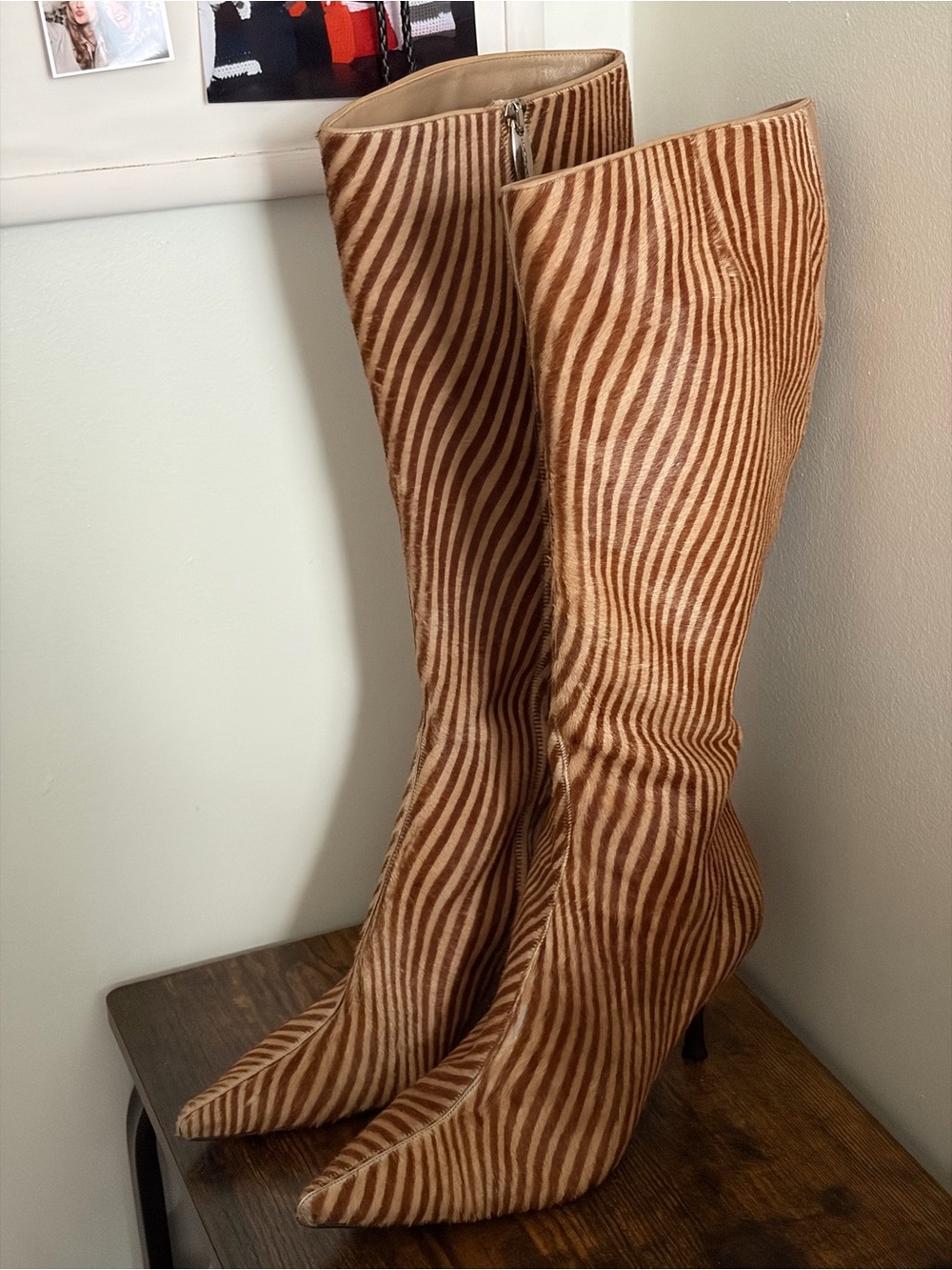 Sergio Rossi Women's Brown Zebra-Print Knee Boots - Fashion Statement Heel